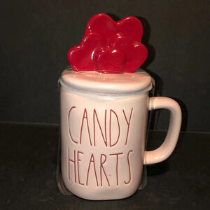 New Rae Dunn Artisan Collection Pink “Candy Hearts” Mug w Red Heart Lid